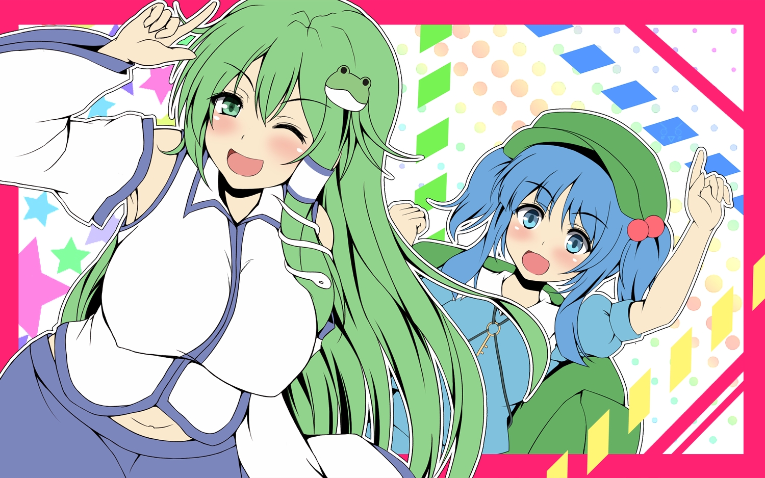 2girls, animal, aqua_eyes, blue_hair, blush, breasts, green_eyes, green_hair, hat, japanese_clothes, kawashiro_nitori, kochiya_sanae, long_hair, miko, piyobomu, short_hair, snake, touhou, twintails, waifu2x, wink