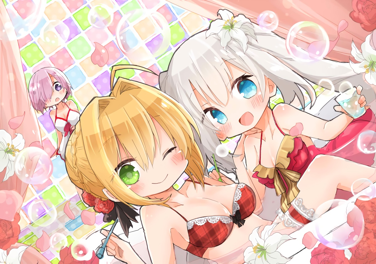 aliasing, aqua_eyes, blonde_hair, blush, bow, bra, braids, breasts, bubbles, fate/grand_order, fate_(series), flowers, garter, gray_hair, green_eyes, long_hair, marie_antoinette_(fate/grand_order), mash_kyrielight, nero_claudius_(fate), petals, purple_eyes, purple_hair, shio_kuzumochi, short_hair, twintails, underwear, wink