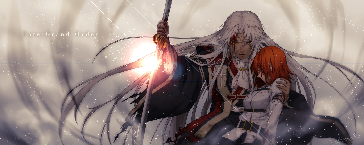 amakusa_shirou, blood, brown_eyes, fate/grand_order, fate_(series), fujimaru_ritsuka_(female), gray_hair, long_hair