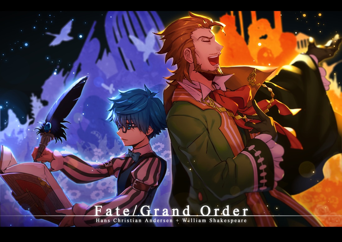 all_male, blue_eyes, blue_hair, book, brown_hair, fate/grand_order, fate_(series), feathers