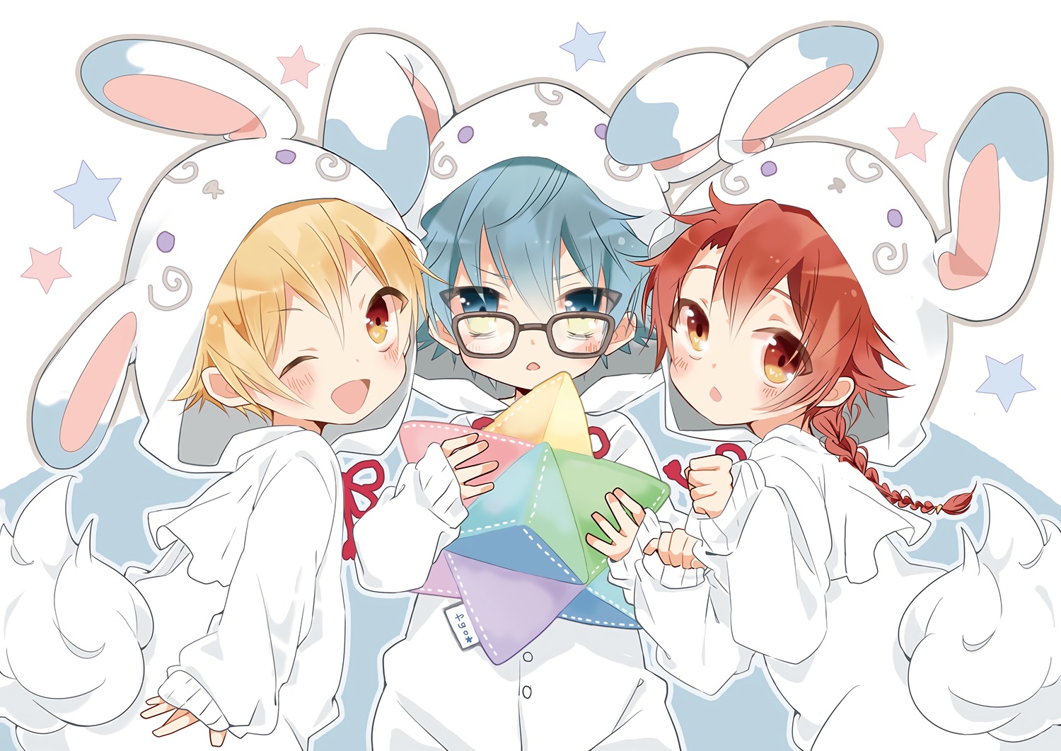 all_male, animal_ears, blonde_hair, blue_eyes, blue_hair, blush, braids, brown_eyes, brown_hair, fate/grand_order, fate_(series), glasses, hans_christian_andersen, hood, male, ponytail, short_hair, tagme_(artist), tagme_(character), tail, wink, yellow_eyes