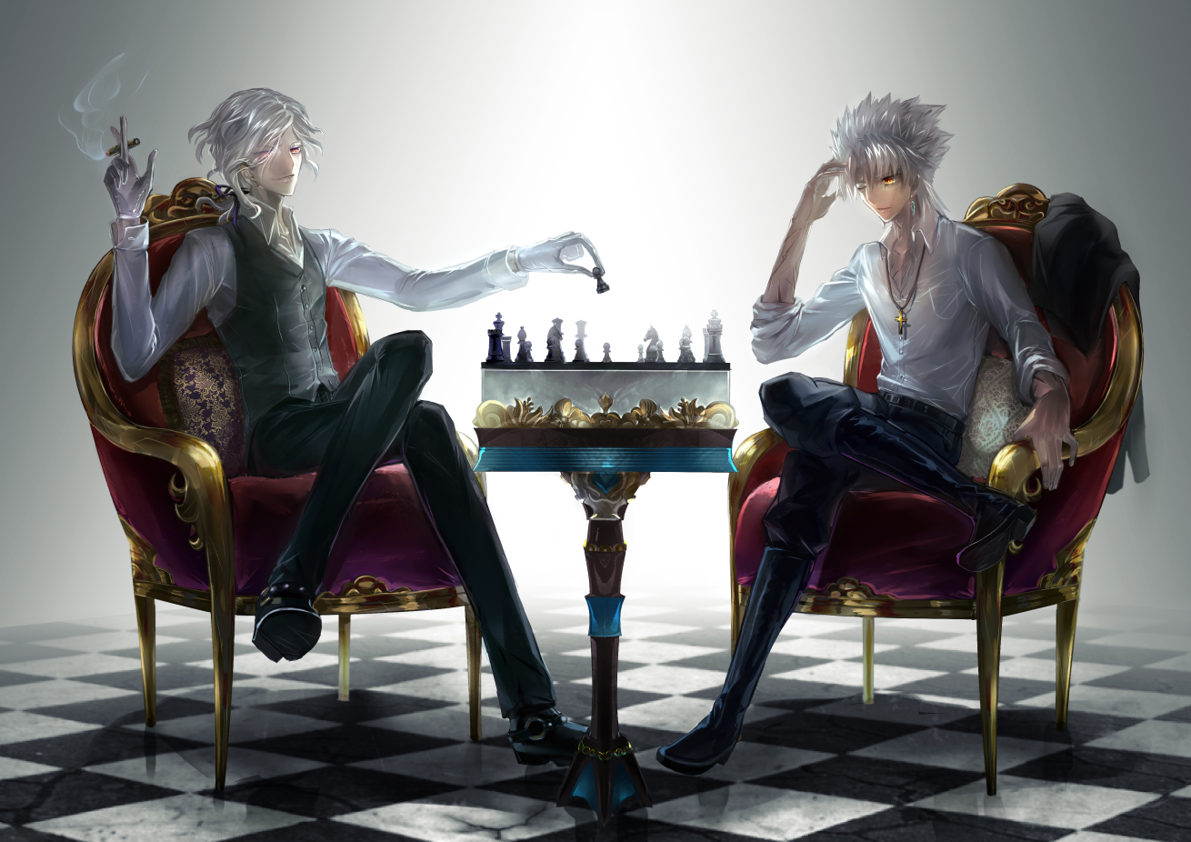 all_male, amakusa_shirou, ayamatazu, cigarette, cross, edmond_dantes, fate/grand_order, fate_(series), gloves, gray_hair, male, necklace, orange_eyes, short_hair, smoking, wink