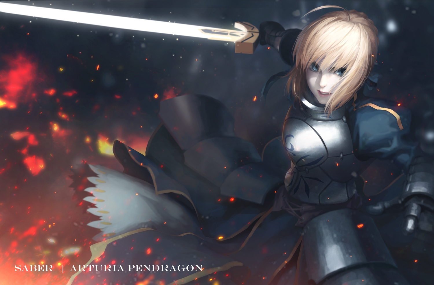 armor, artoria_pendragon_(all), blonde_hair, blue_eyes, dress, fate_(series), fate/stay_night, gloves
