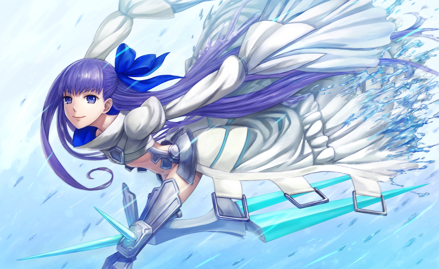 boots, fate/grand_order, fate_(series), gradient, long_hair, meltryllis, nopan, purple_eyes, purple_hair, shigumo_(shigeru), water