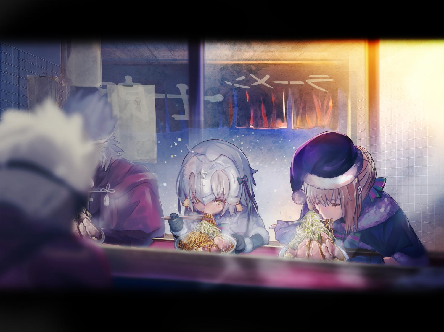 amakusa_shirou, artoria_pendragon_(all), bell, blonde_hair, bow, braids, cape, christmas
