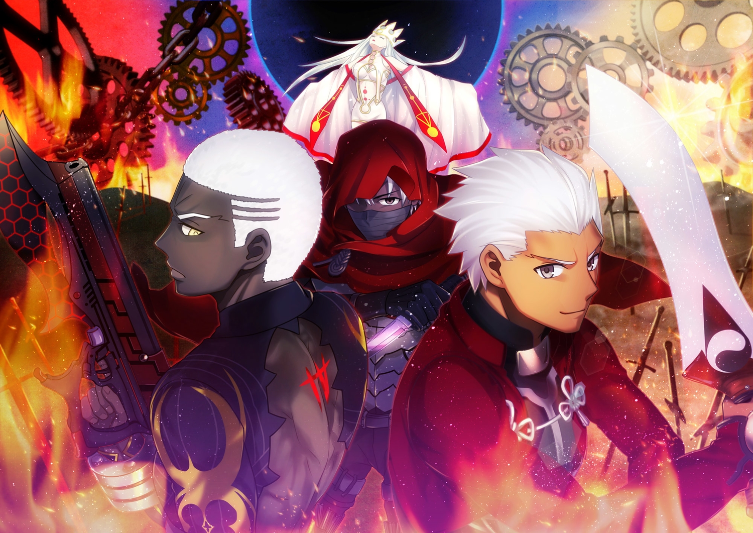 archer, cape, chain, crown, dark_skin, emiya_alter, emiya_kiritsugu, fate/grand_order