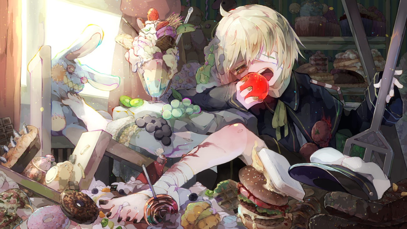 all_male, apple, bandage, barefoot, blonde_hair, bunny, candy, cape