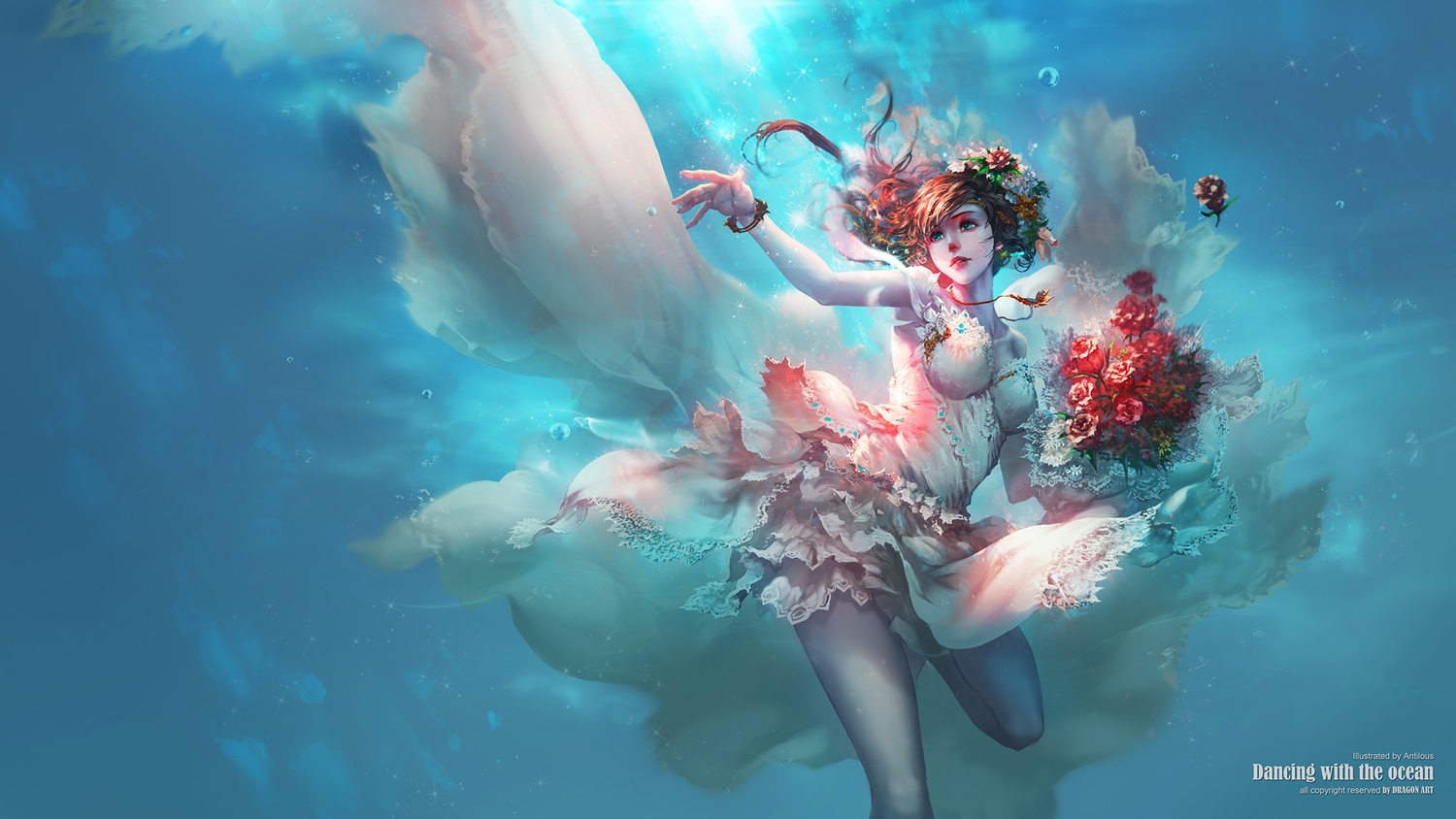 antilous, black_hair, breasts, flowers, green_eyes, original, realistic, skirt, watermark