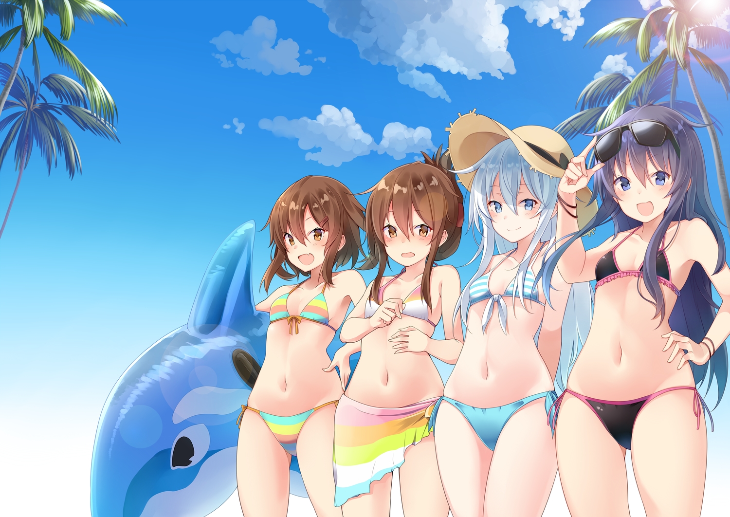 akatsuki_(kancolle), anthropomorphism, aqua_eyes, brown_eyes, brown_hair, clouds, fang, glasses, gray_hair, group, hibiki_(kancolle), ikazuchi_(kancolle), inazuma_(kancolle), kantai_collection, long_hair, navel, short_hair, sky, suruga_(xsurugax), tree