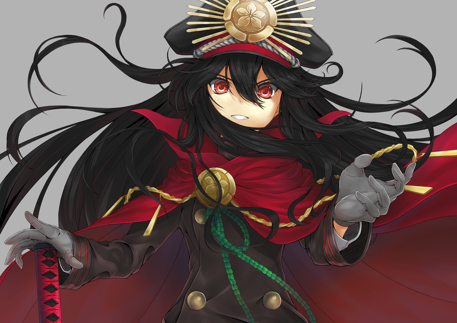 black_hair, cape, fate/grand_order, fate_(series), gloves, gray, hajikaji, hat