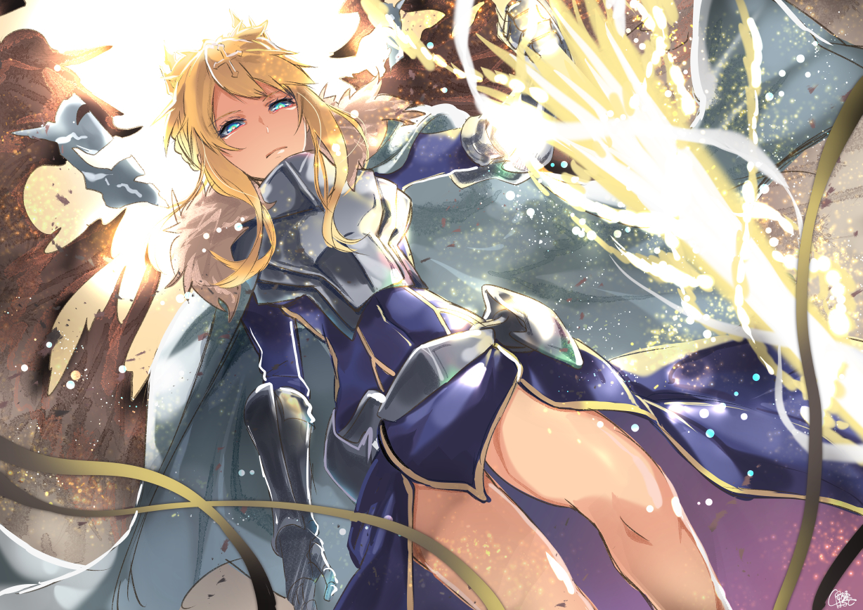 annojou_haruto, aqua_eyes, armor, artoria_pendragon_(all), artoria_pendragon_(lancer), blonde_hair, cape, cross, elbow_gloves, fate/grand_order, fate_(series), gloves, long_hair
