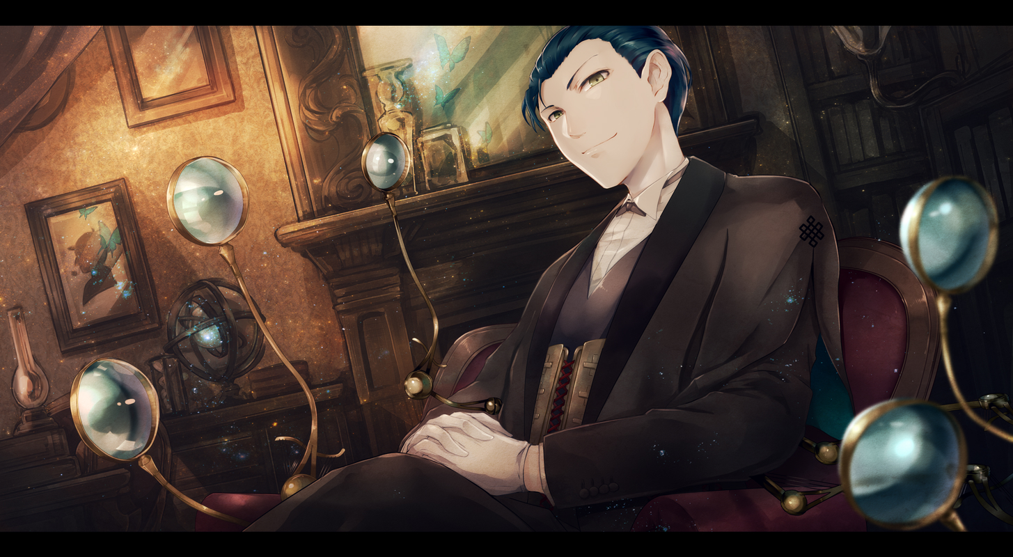 all_male, blue_hair, book, butterfly, fate/grand_order, fate_(series), kuina_(escapegoat), male