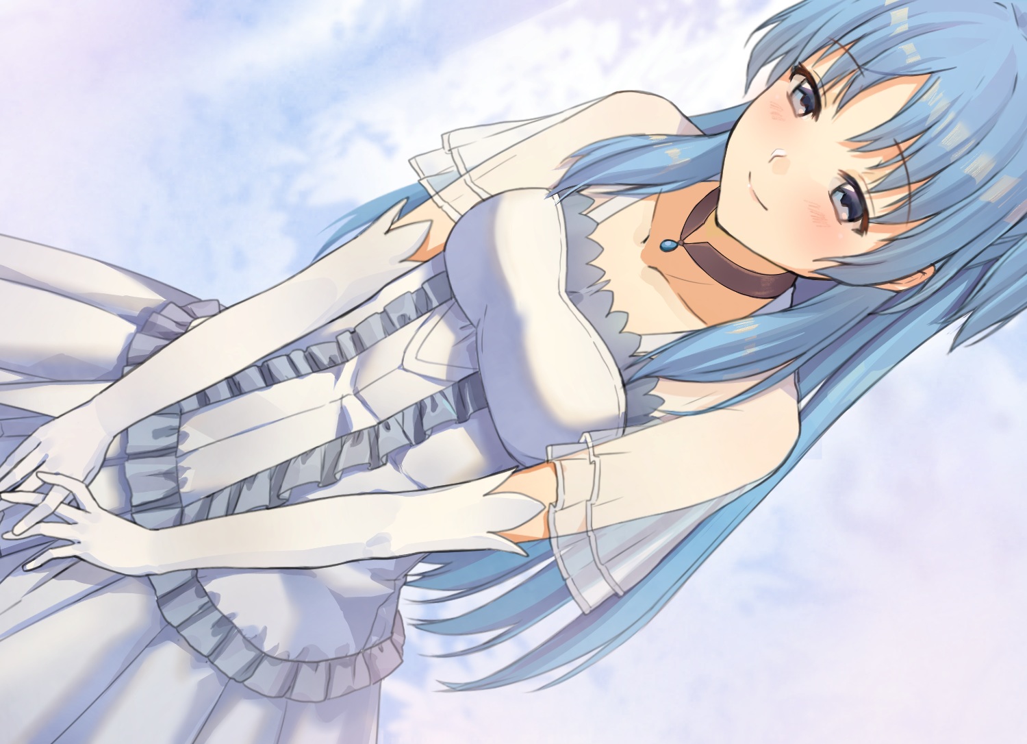 aqua_eyes, aqua_hair, blush, breasts, chtholly_nota_seniorious, elbow_gloves, gloves, long_hair