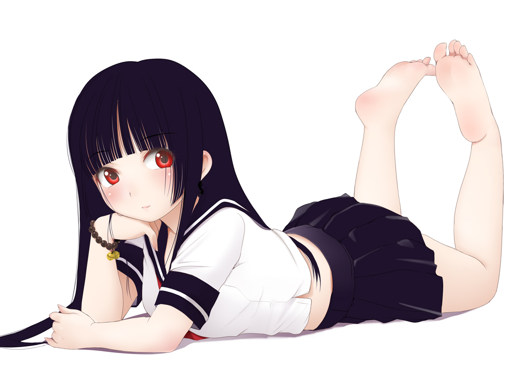 barefoot, black_hair, enma_ai, jigoku_shoujo, kozue_akari, red_eyes, school_uniform, white