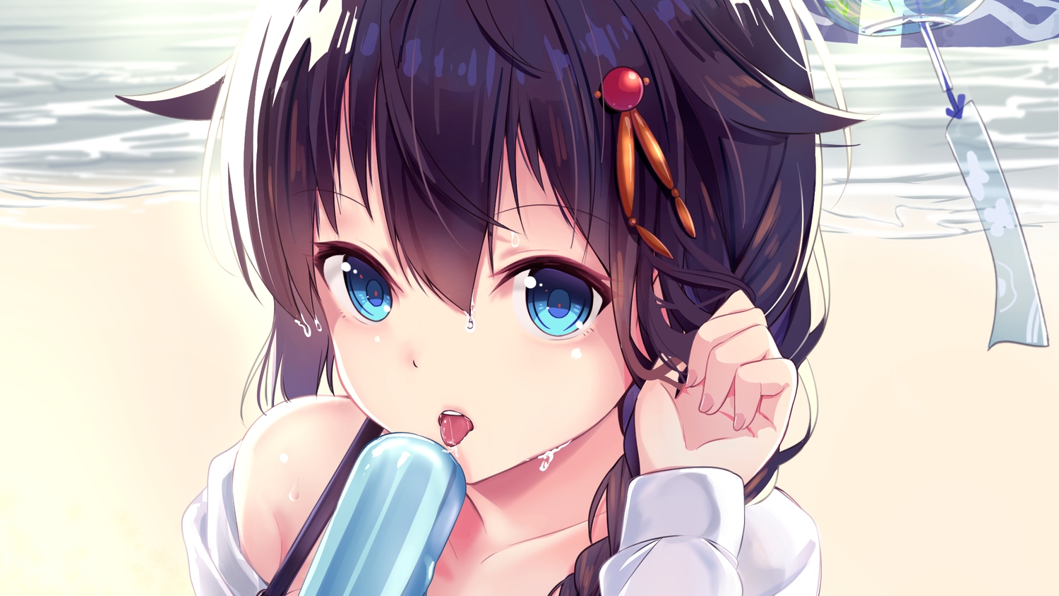 anthropomorphism, aqua_eyes, black_hair, braids, close, kantai_collection, popsicle, shigure_(kancolle)