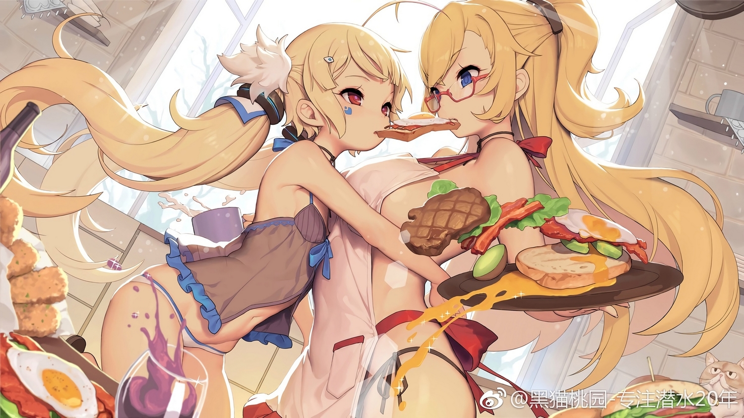 2girls, animal, anthropomorphism, apron, azur_lane, blonde_hair, blue_eyes, breasts, cat, drink, eldridge_(azur_lane), flat_chest, food, glasses, hug, kearsarge_(azur_lane), kinjo_kuromomo, logo, loli, long_hair, panties, ponytail, red_eyes, twintails, underwear