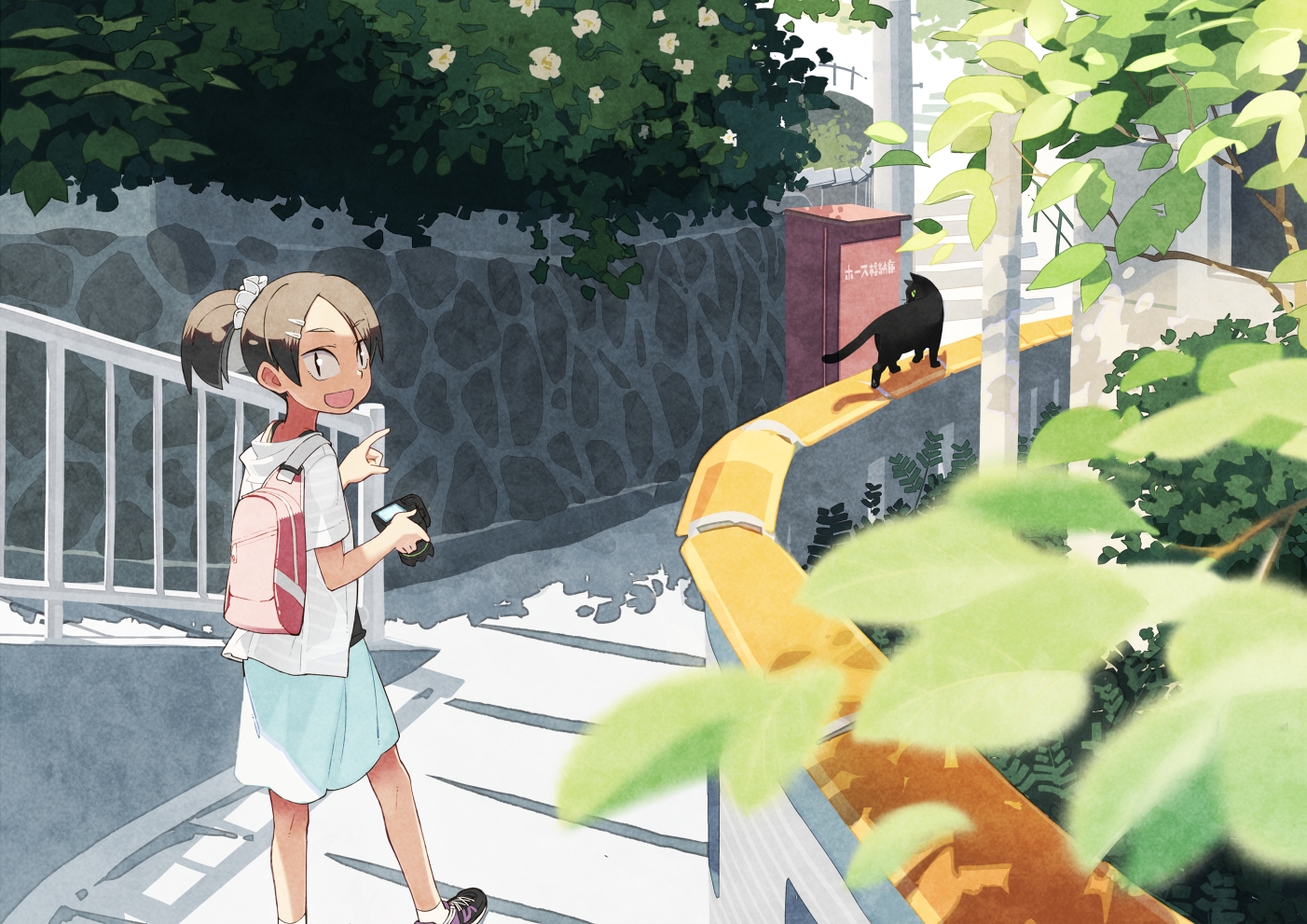 animal, camera, cat, leaves, original, park, ponytail, skirt
