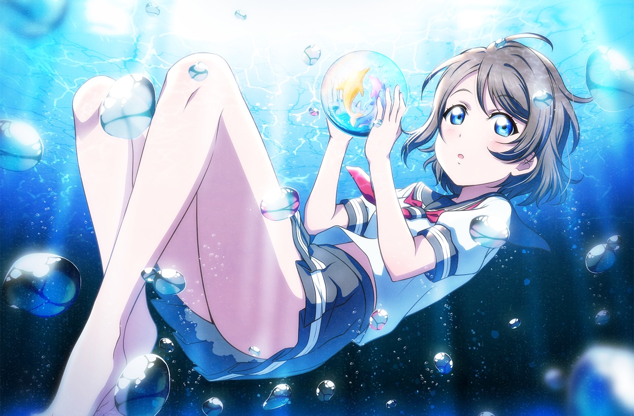anibache, animal, aqua_eyes, ass, barefoot, brown_hair, bubbles, fish, love_live!_school_idol_project, love_live!_sunshine!!, school_uniform, short_hair, skirt, underwater, watanabe_you, water