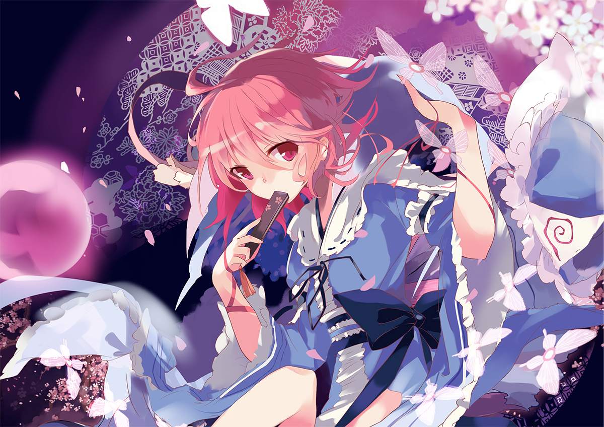 bow, butterfly, petals, pink_eyes, pink_hair, saigyouji_yuyuko, short_hair, tetsurou_(fe+)