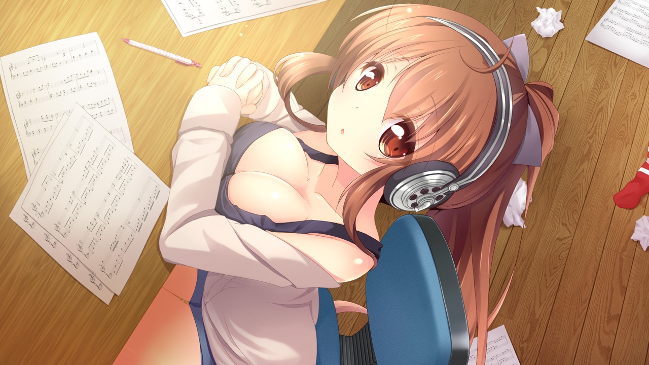 a1c, breasts, brown_eyes, brown_hair, cleavage, game_cg, headphones, long_hair, menhera_ayuri_no_yamanai_onedari, paper, ponytail, utakata_ayuri, yuncha