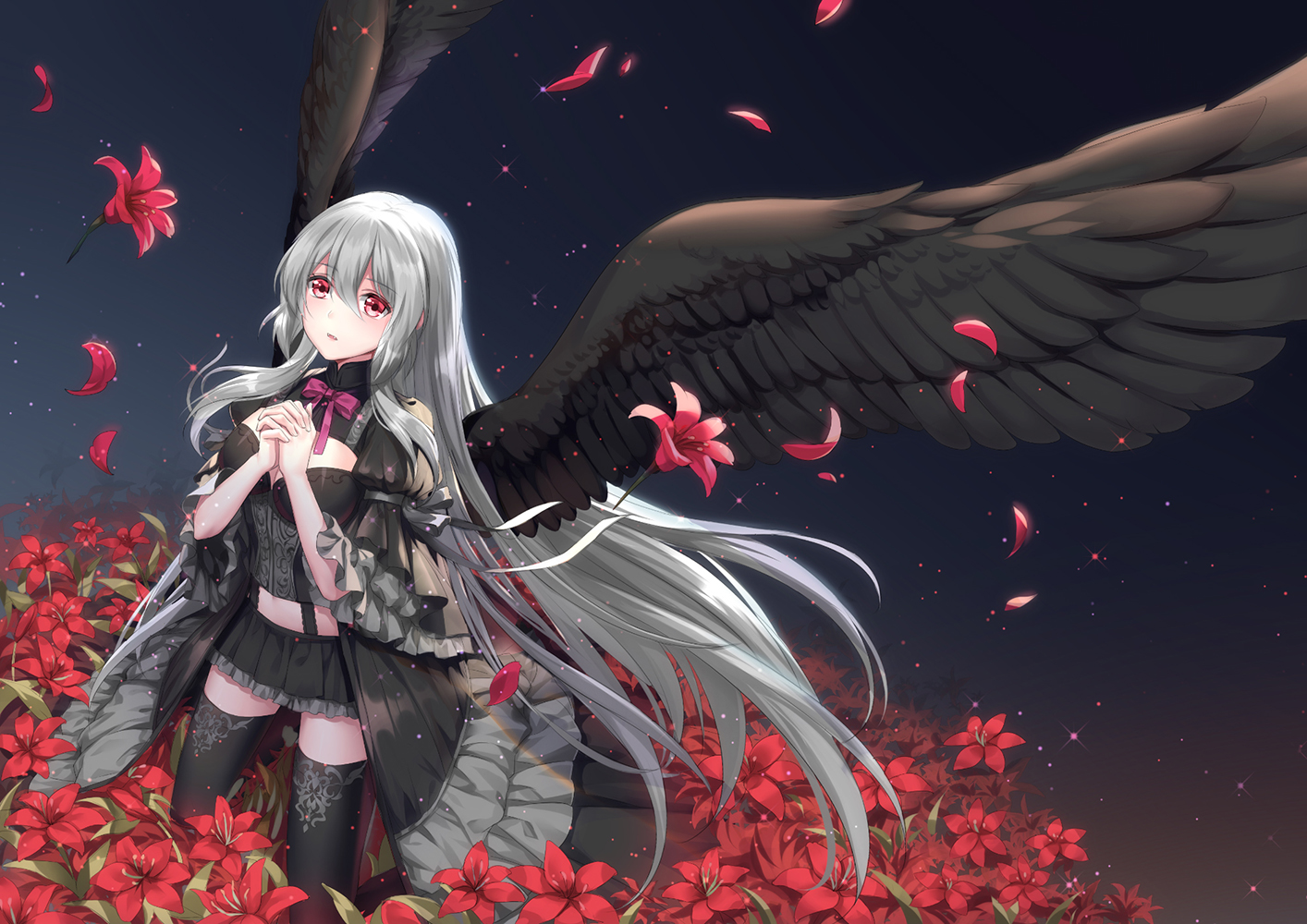 althea_(sakiya0000), bow, breasts, flowers, gray_hair, long_hair, original, petals