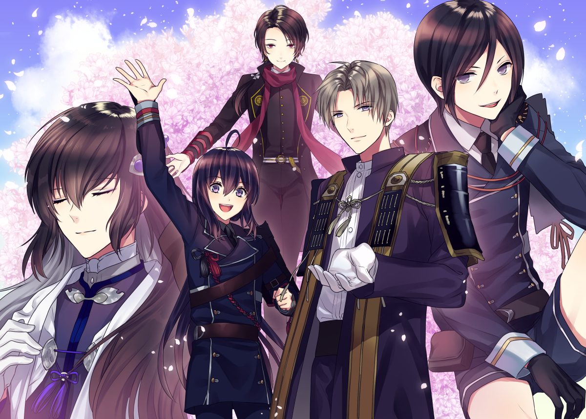 all_male, anthropomorphism, black_hair, brown_hair, cherry_blossoms, clouds, flowers, gloves