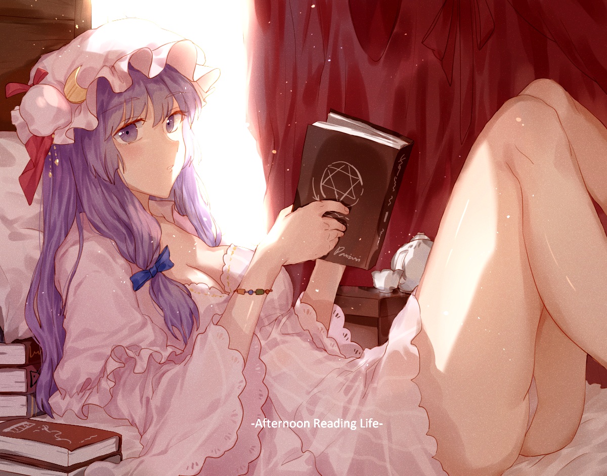 book, bow, breasts, dress, hat, long_hair, meng_ziya, panties