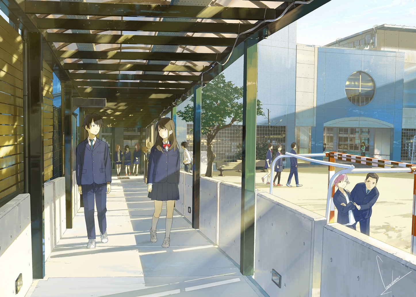 azumi_kotarou, bow, brown_eyes, brown_hair, group, loundraw, male, mizuno_akane