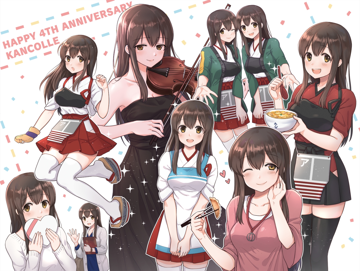 akagi_(kancolle), anthropomorphism, apron, blush, book, brown_eyes, brown_hair, dress