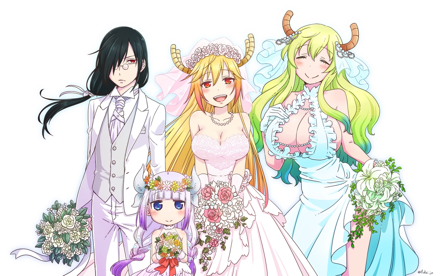 blonde_hair, blush, breasts, elbow_gloves, fafnir_(maidragon), flowers, fukai_(yas_lions), glasses