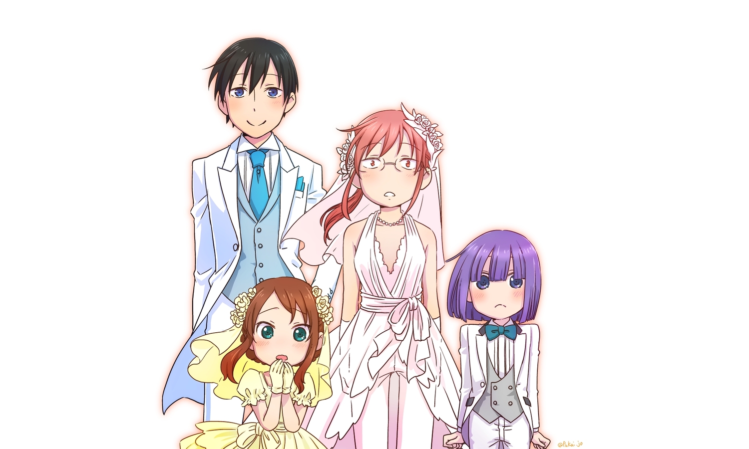black_hair, blue_eyes, blush, bow, brown_hair, dress, fukai_(yas_lions), glasses