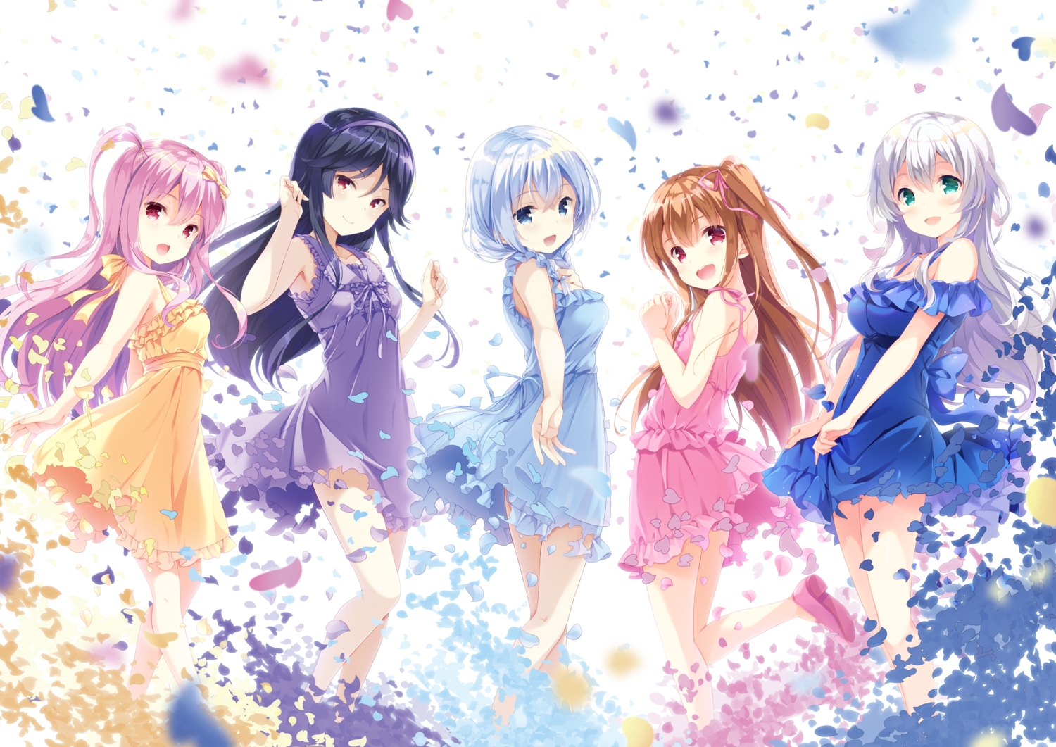 anette_olga_karasawa, aqua_eyes, aqua_hair, asahina_momoko, black_hair, breasts, brown_hair, cleavage, dress, flat_chest, girlfriend_(kari), green_eyes, group, headband, kagami_matsuri, kunishiro_miyabi, long_hair, murakami_fumio, ohara_tometa, petals, pink_eyes, pink_hair, ponytail, red_eyes, ribbons, short_hair, summer_dress, twintails, white_hair