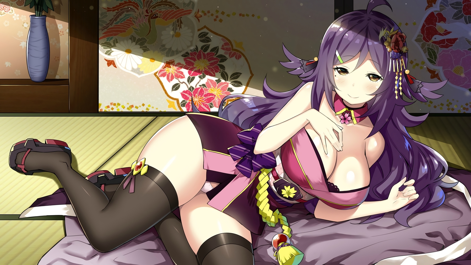 anthropomorphism, azur_lane, breasts, brown_eyes, houshou_(azur_lane), long_hair, panties, purple_hair, sky_(freedom), thighhighs, underwear