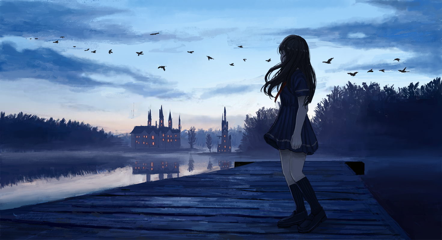 ame_sagari, animal, bird, building, clouds, kneehighs, original, school_uniform