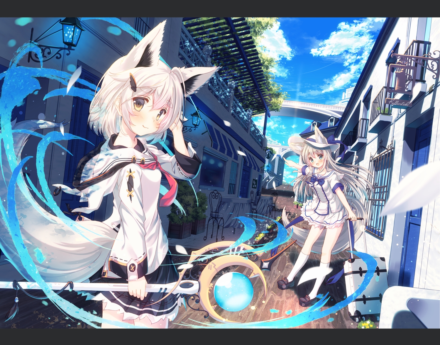 2girls, animal_ears, aqua_eyes, blush, building, clouds, foxgirl, gray_hair
