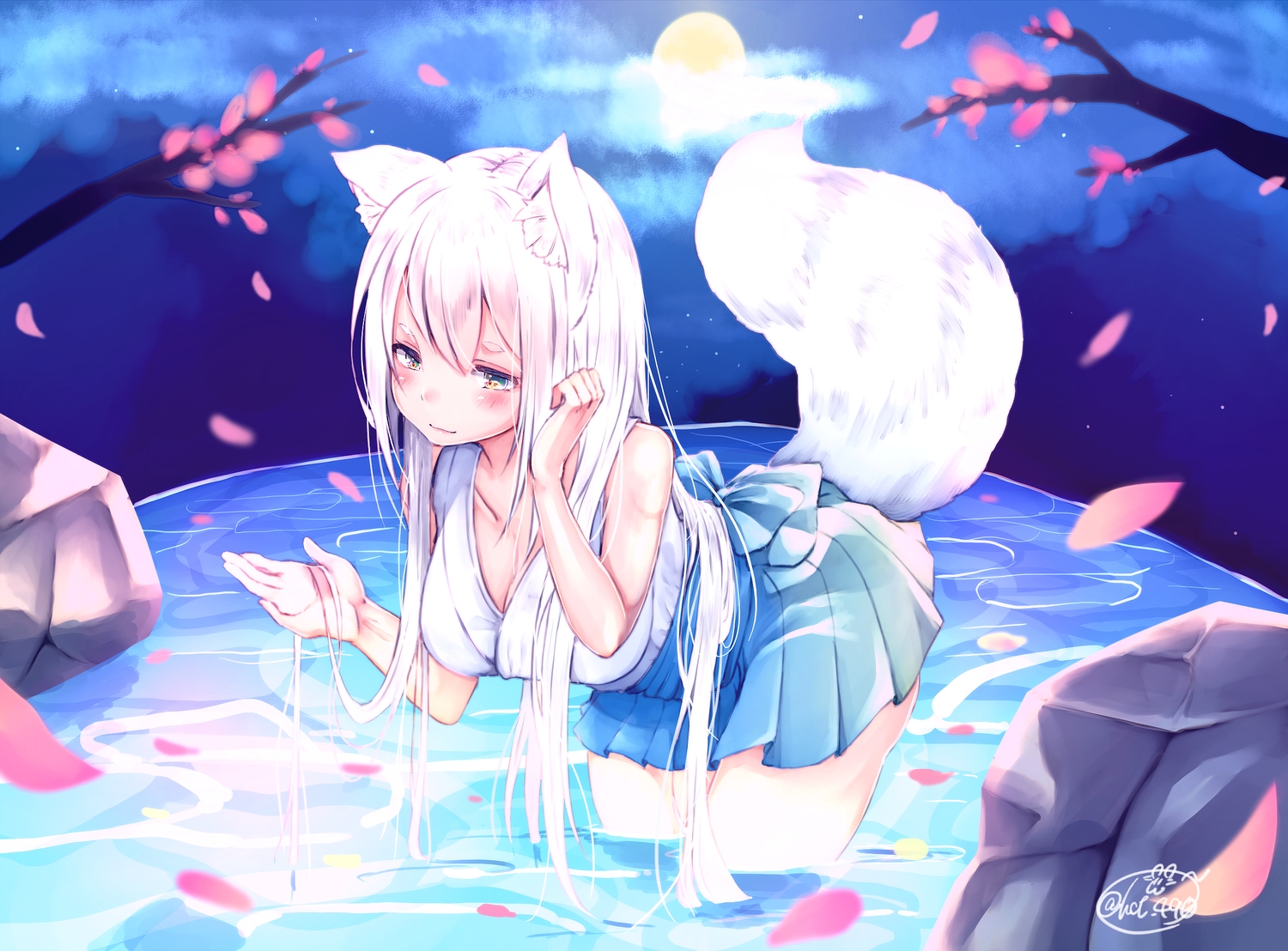 animal_ears, blush, breasts, chita_(ketchup), cleavage, foxgirl, japanese_clothes, long_hair, miko, moon, original, petals, pink_hair, signed, tail, water, yellow_eyes