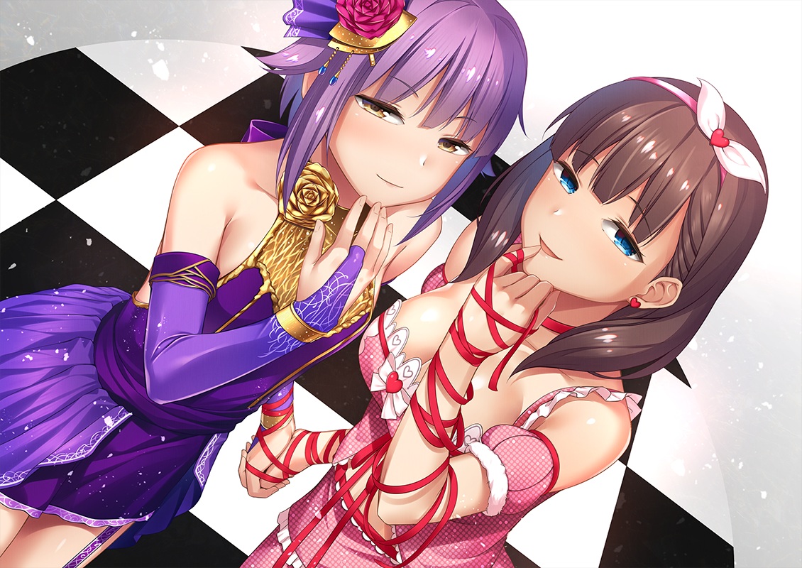 2girls, aqua_eyes, brown_eyes, brown_hair, collar, elbow_gloves, flowers, garter_belt