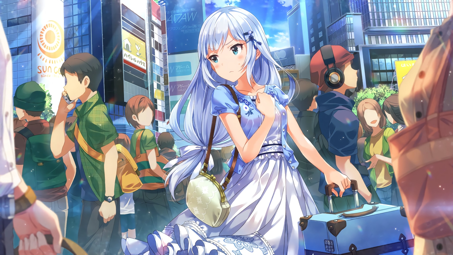 aqua_eyes, brown_hair, building, city, dress, group, headphones, idolmaster