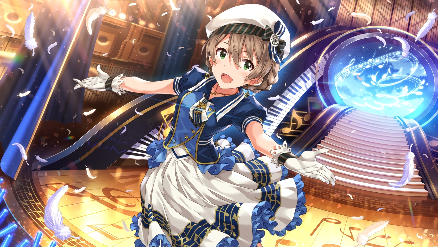 bow, braids, brown_hair, feathers, gloves, green_eyes, hat, idolmaster