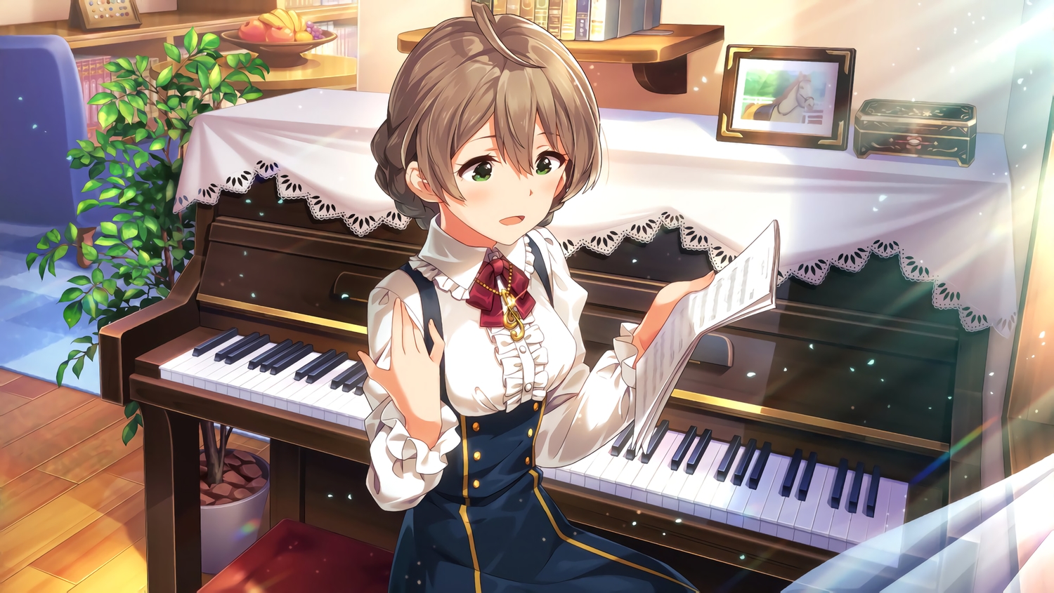 book, braids, brown_hair, food, fruit, green_eyes, idolmaster, idolmaster_million_live!