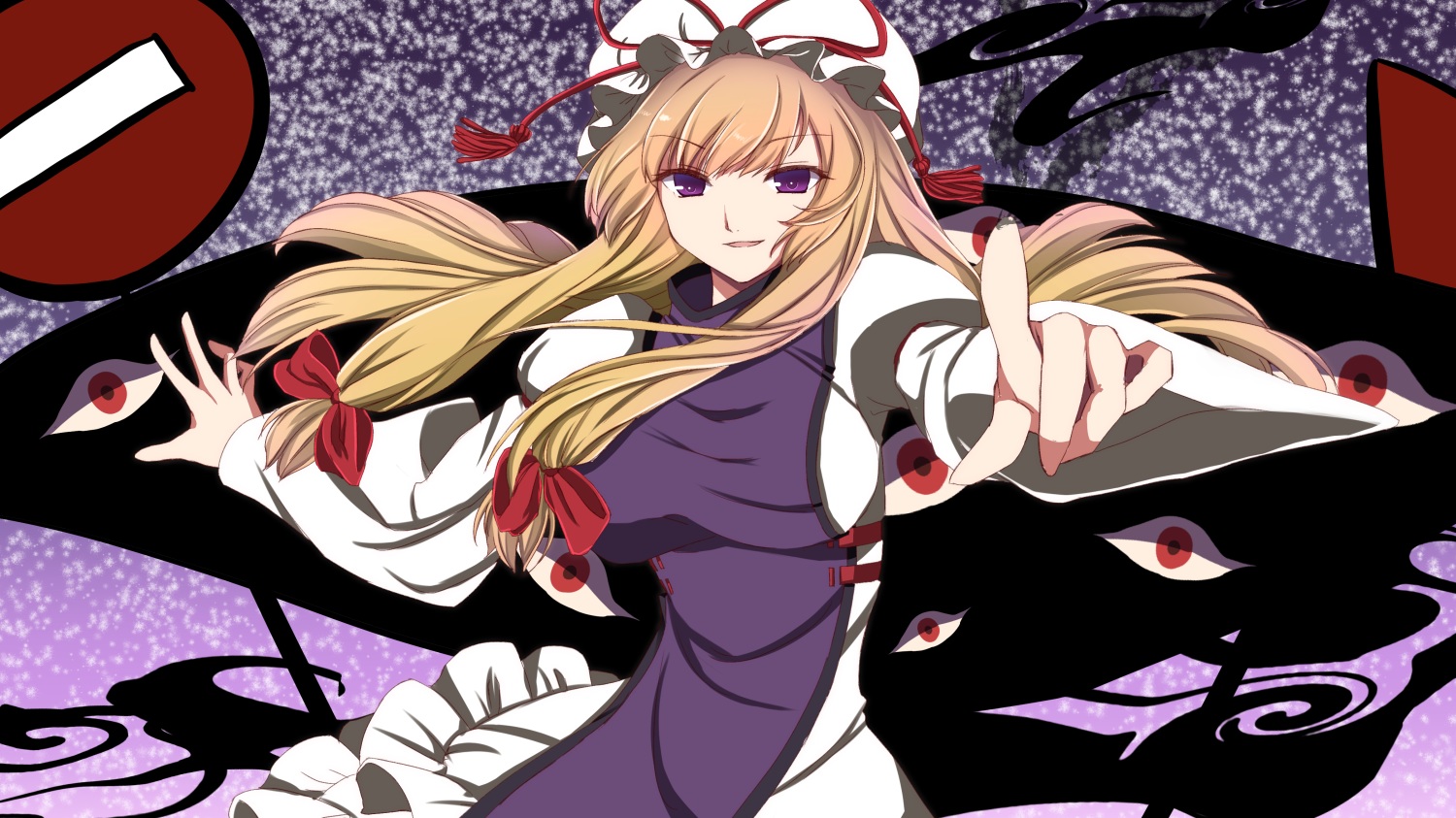 blonde_hair, bow, breasts, dress, hat, long_hair, no_eru, purple_eyes, touhou, yakumo_yukari