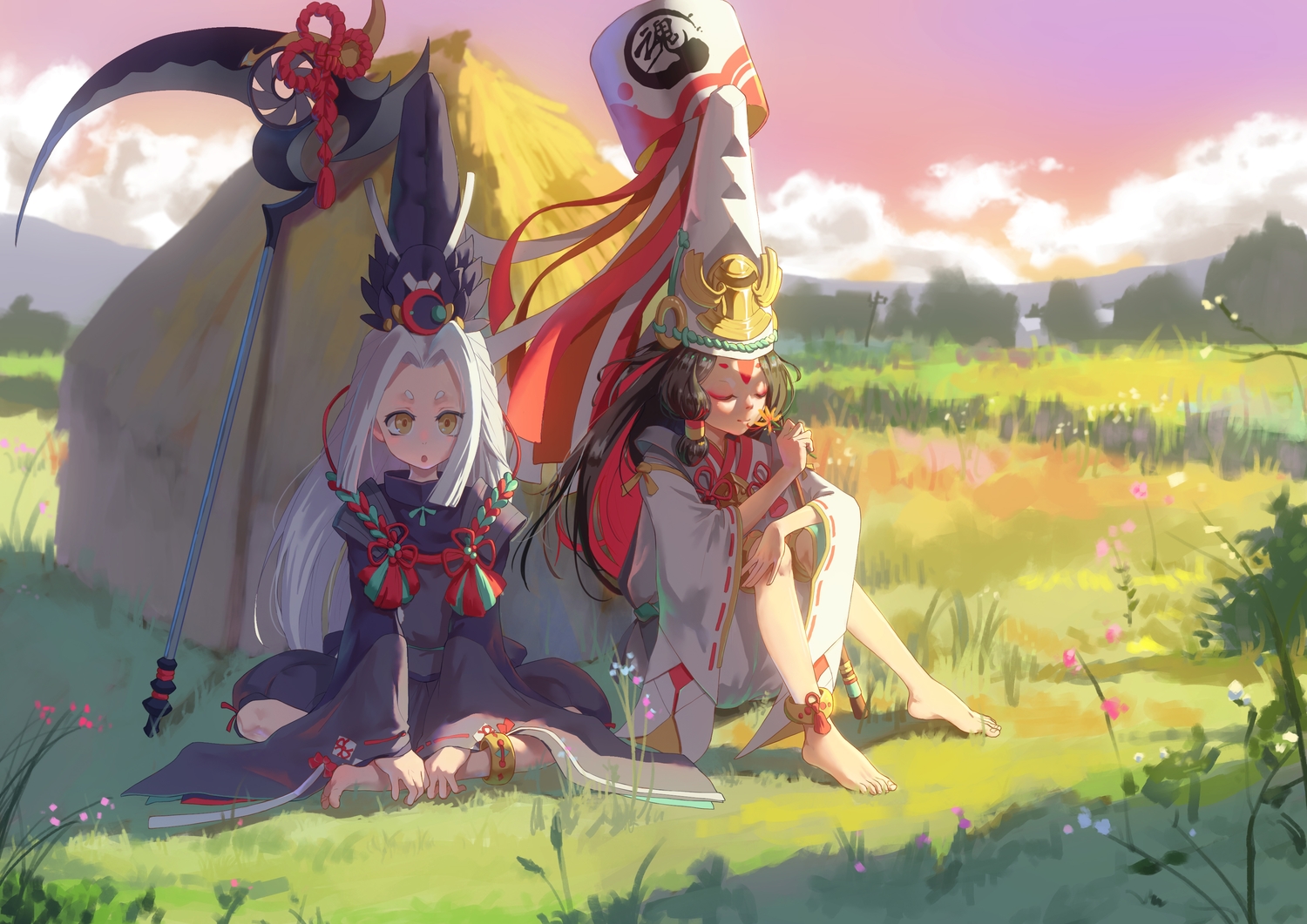 aliasing, all_male, barefoot, brown_hair, clouds, flowers, gray_hair, hat, kuro_douji_(onmyouji), long_hair, male, onmyouji, scythe, shiro_douji_(onmyouji), shoufu, sky, weapon, yellow_eyes