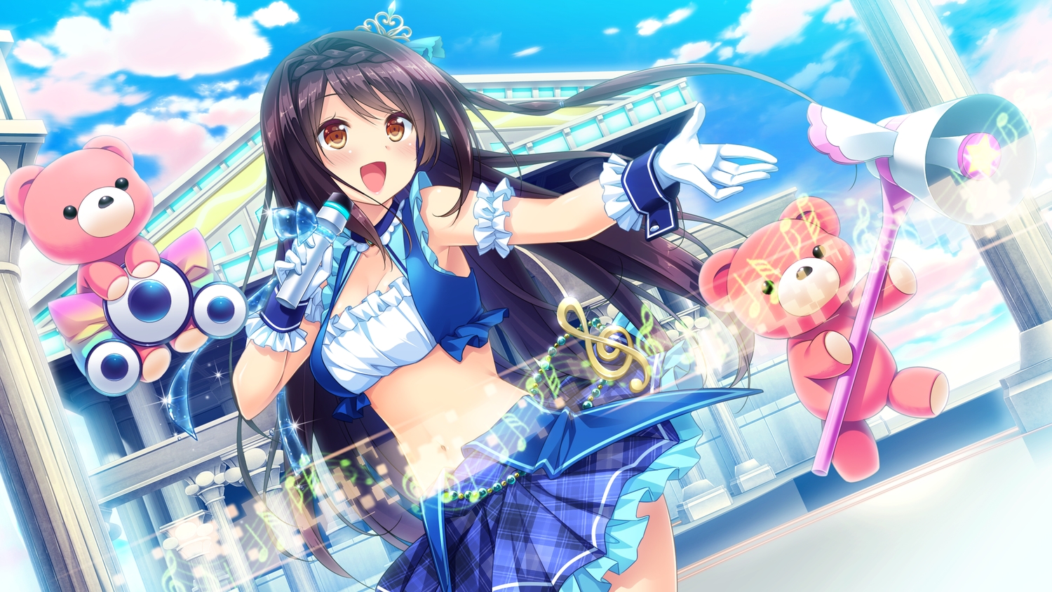 breasts, brown_hair, cleavage, game_cg, gloves, long_hair, motoi_ayumu, navel