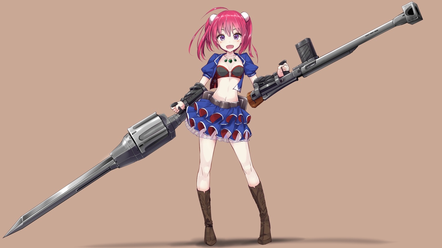 bikini_top, boots, breasts, brown, gun, heavens_thunder_(byakuya-part2), navel, necklace, original, purple_eyes, red_hair, short_hair, skirt, sword, weapon