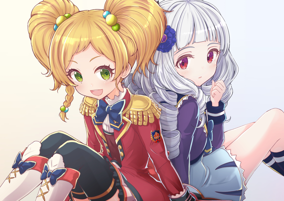 2girls, aikatsu!, blonde_hair, boots, bow, braids, gray_hair, green_eyes, long_hair, nikaidou_yuzu, red_eyes, shirogane_lily, short_hair, thighhighs, uniform, yuki_shiro