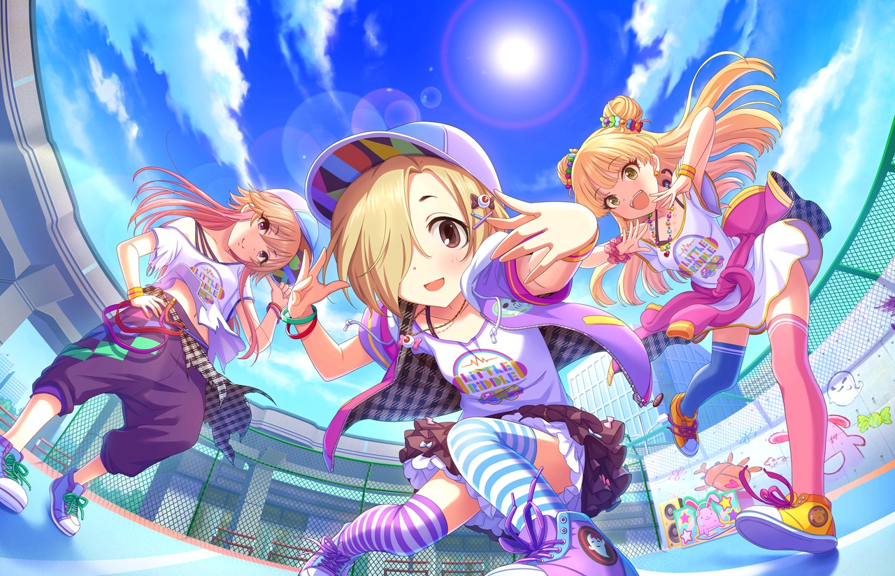 annin_doufu, blonde_hair, bow, brown_eyes, clouds, graffiti, green_eyes, hat