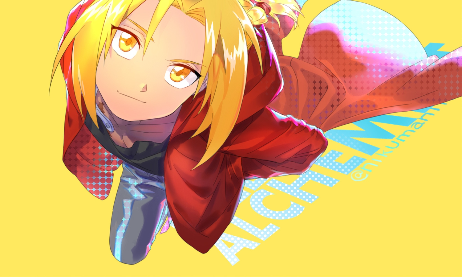 all_male, blonde_hair, edward_elric, fullmetal_alchemist, holy_pumpkin, male, orange_eyes, scar, watermark, yellow