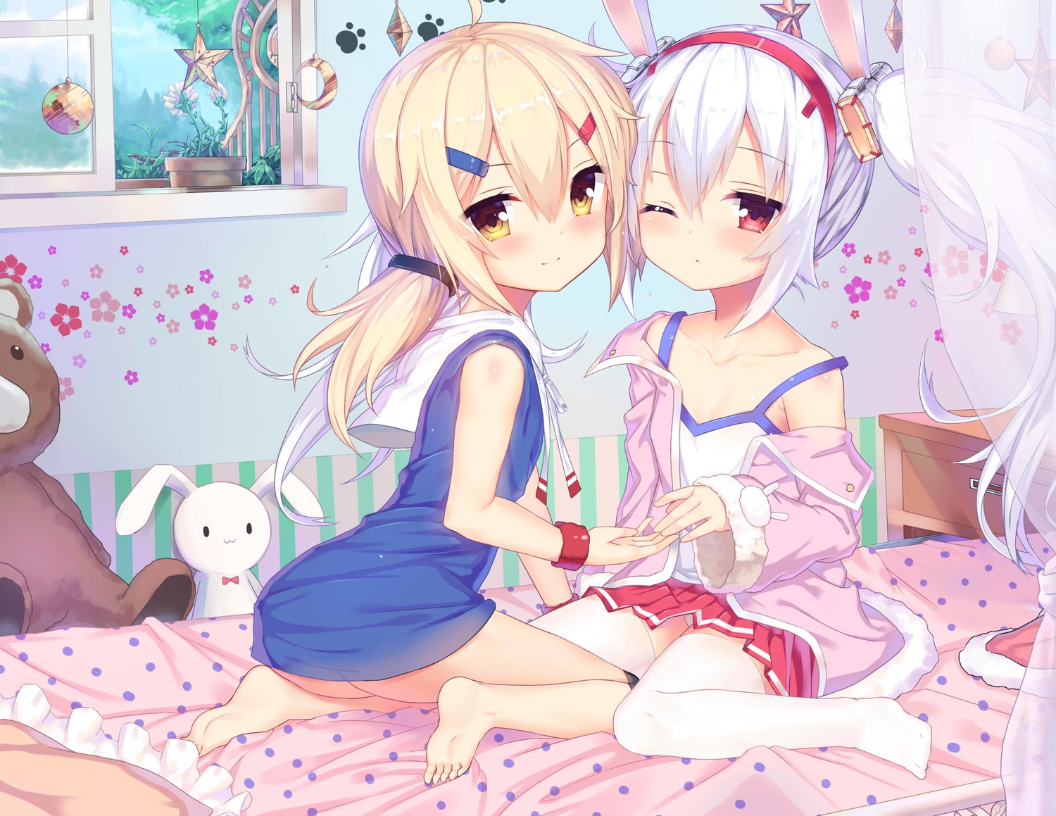 2girls, animal_ears, anthropomorphism, azur_lane, barefoot, bed, blonde_hair, bunny, bunny_ears, bunnygirl, dress, laffey_(azur_lane), loli, long_hair, maury_(azur_lane), panties, ponytail, red_eyes, striped_panties, teddy_bear, thighhighs, tsubaki_(yi), twintails, underwear, white_hair, wink, wristwear, yellow_eyes