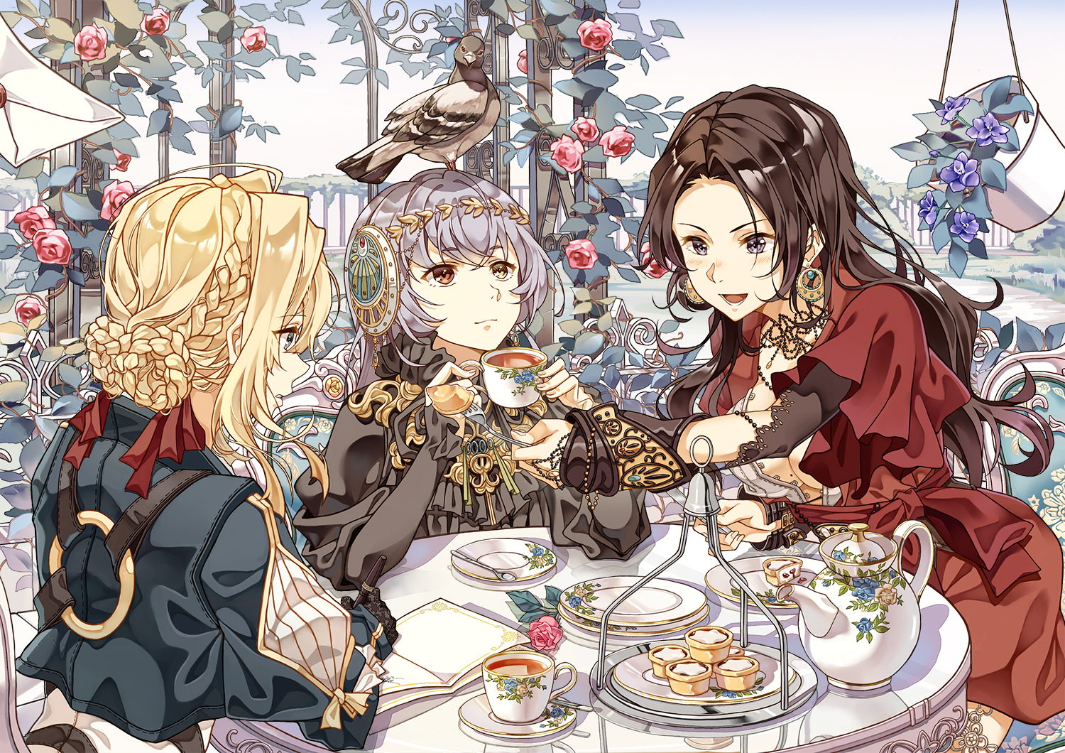 animal, aqua_eyes, bicolored_eyes, bird, blonde_hair, book, braids, cattleya_baudelaire