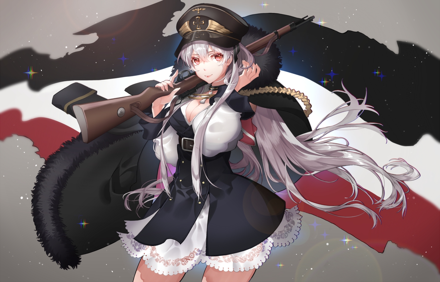 anthropomorphism, breasts, girls_frontline, gray_hair, gun, hat, kar98k_(girls_frontline), long_hair